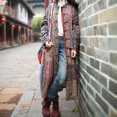 Women Print Floral Vintage Coats Autumn Stand Long Sleeve Loose Coats