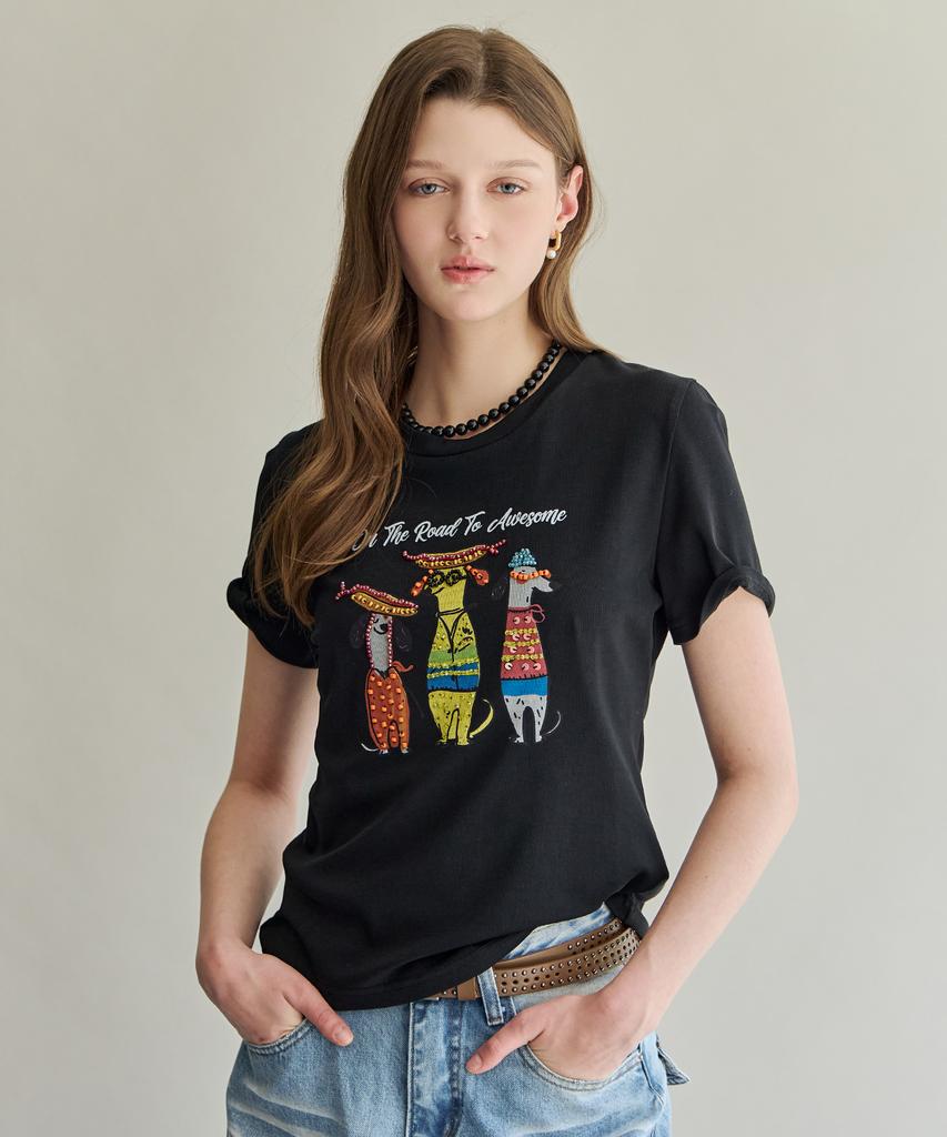 MAXZA Handmade Beaded Dog Print T-Shirt