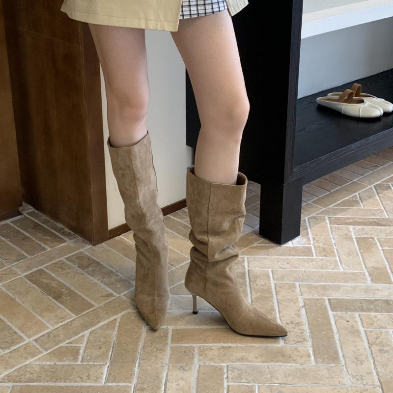 Retro pointed simple suede fashion high heel thin heel knight boots but knee boots women