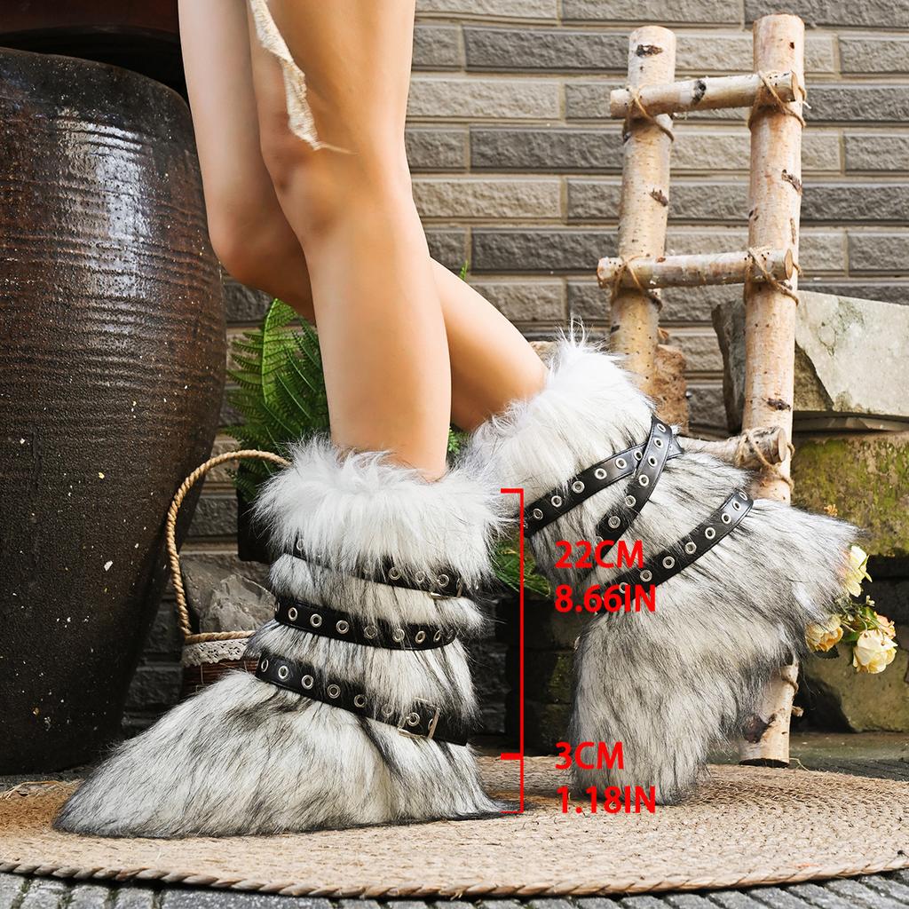 Fashion Faux Fur Boots Women Winter Snow Boots Luxury Fluffy Fuzzy Short Botas Warm Cozy Mid-Calf Botas Mujer Cross Belt Buckle PlusSize