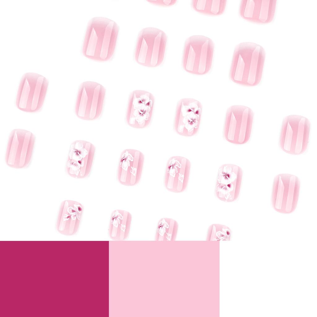 Square Press-On Nails - French Pink & White Gradient with Gentle Flower Design