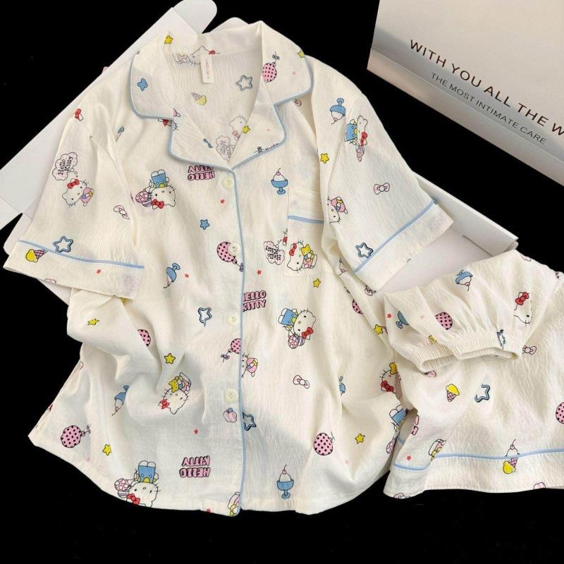 

Full of ice cream Hello Kitty pajamas women s summer short-sleeved shorts cardigan set soft cute princess style loungewear S