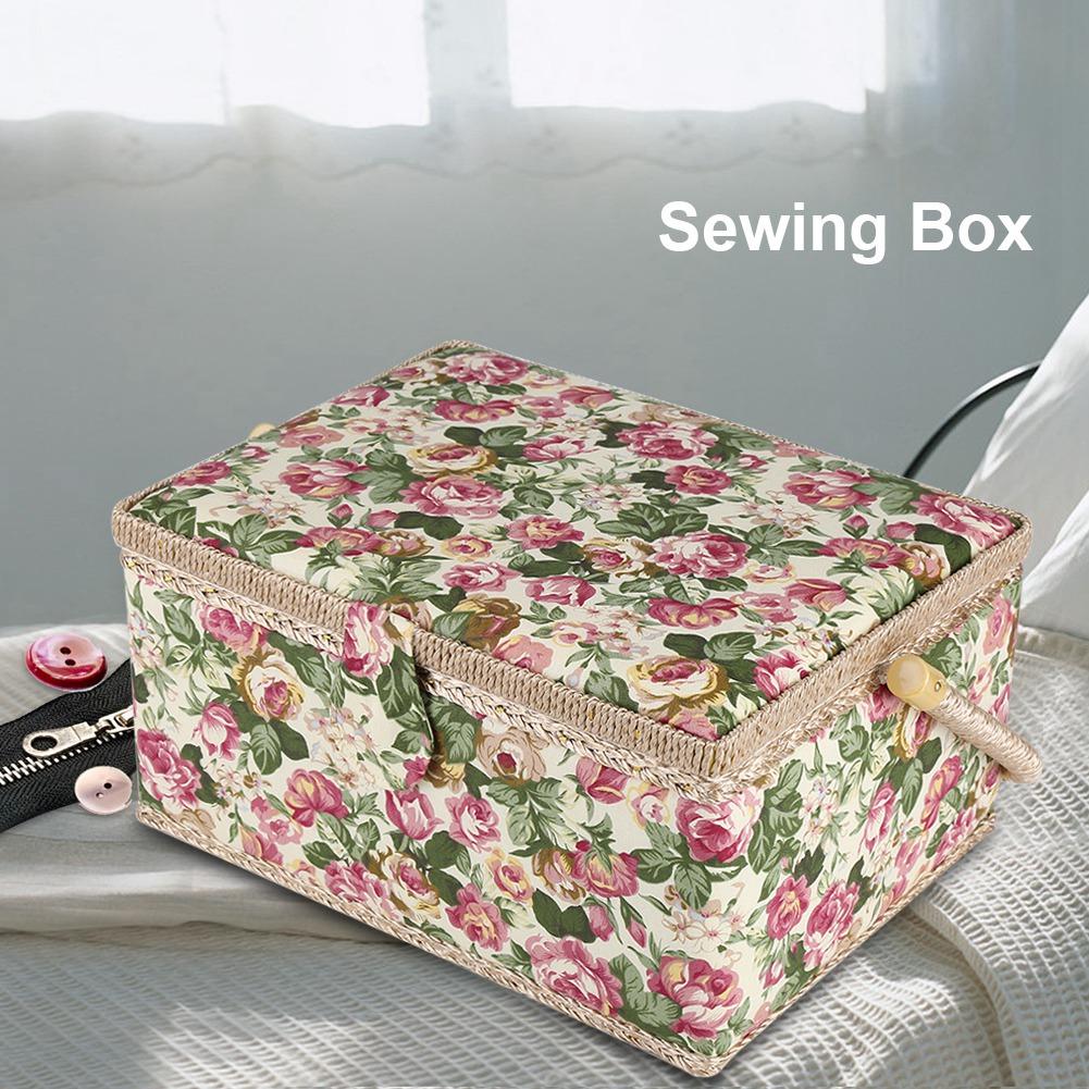 Fabric Floral Printed Sewing Basket Craft Box Household Sundry Storage Organizer with Handle
