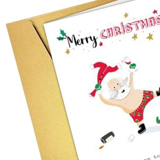 Vtipné vánoční přání pro něj, její humorný kreslený vzor, ​​vánoční skládací přání