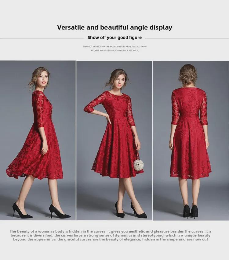 Übergröße Spitzen-Swingkleid mit Dreiviertelärmeln - Europäischer & Amerikanischer Stil, Slim Fit für Frühling und Herbst