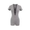Eleganter Bodysuit mit tiefem V-Ausschnitt, Schnürung und kurzen Ärmeln: Damen Schlankheits-Stretch-Passform