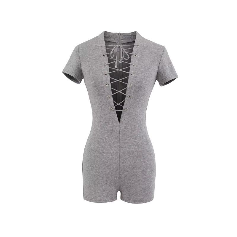 Eleganter Bodysuit mit tiefem V-Ausschnitt, Schnürung und kurzen Ärmeln: Damen Schlankheits-Stretch-Passform