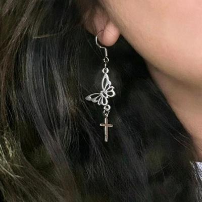 Hip Hop Punk Butterfly Cross Hook Earrings for Women Girls Sweet Cool Rock Hollow Dangle Earrings Party Jewelry Accessories
