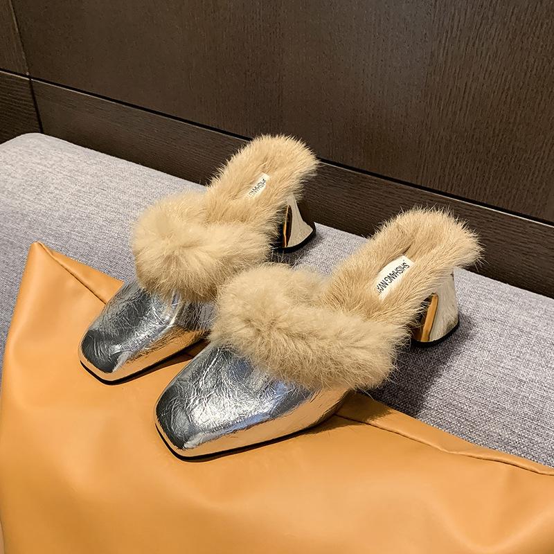 

2025 женские осенне-зимние новые туфли на высоком каблуке Мао Мао с одним педалем, супермягкие тапочки Мао Мао, большой размер с закрытым носком и полутапочки, 43 серебряный