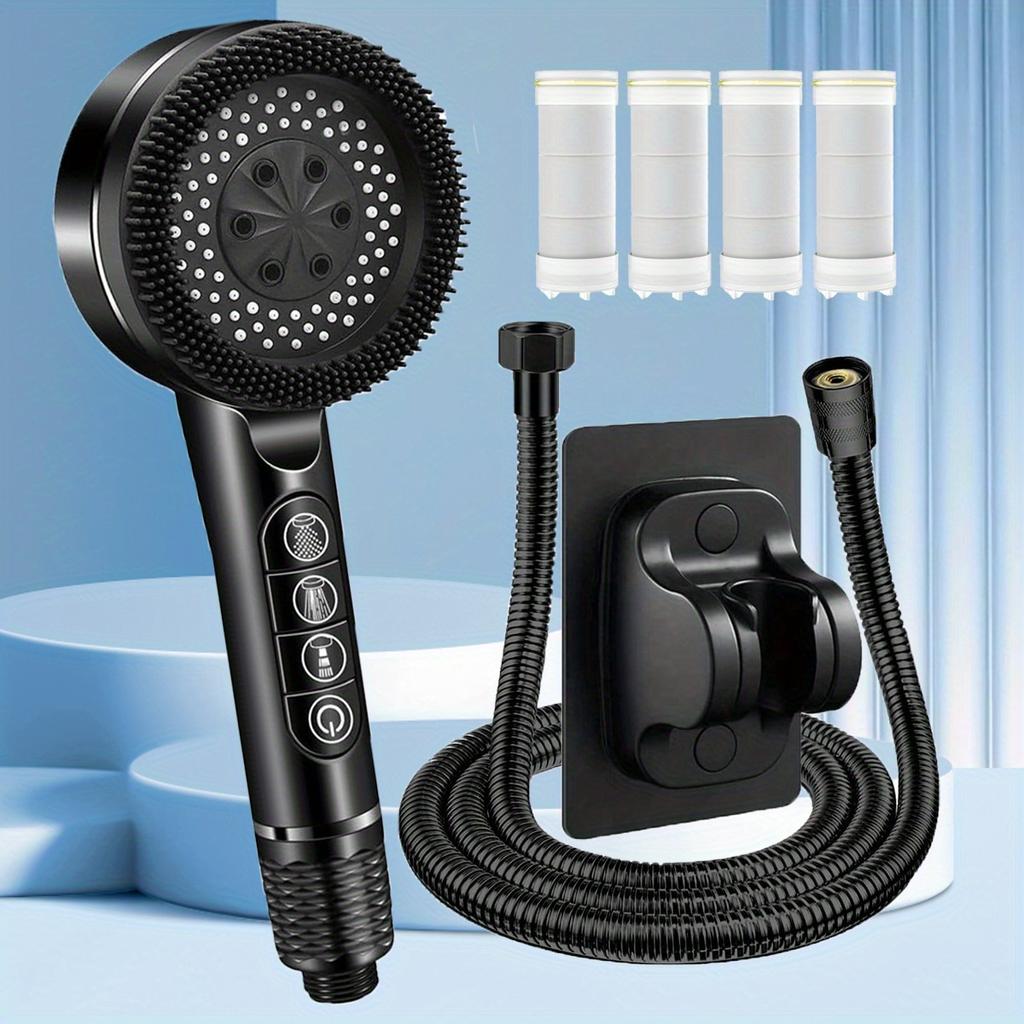Handgehaltener Druck-Duschkopf, Vier Duschmodi, Ionisator, Ein/Aus-Schalter, Filter-Massagegerät mit Schlauch & Verstellbarem Halter, Nur zur Duschverwendung