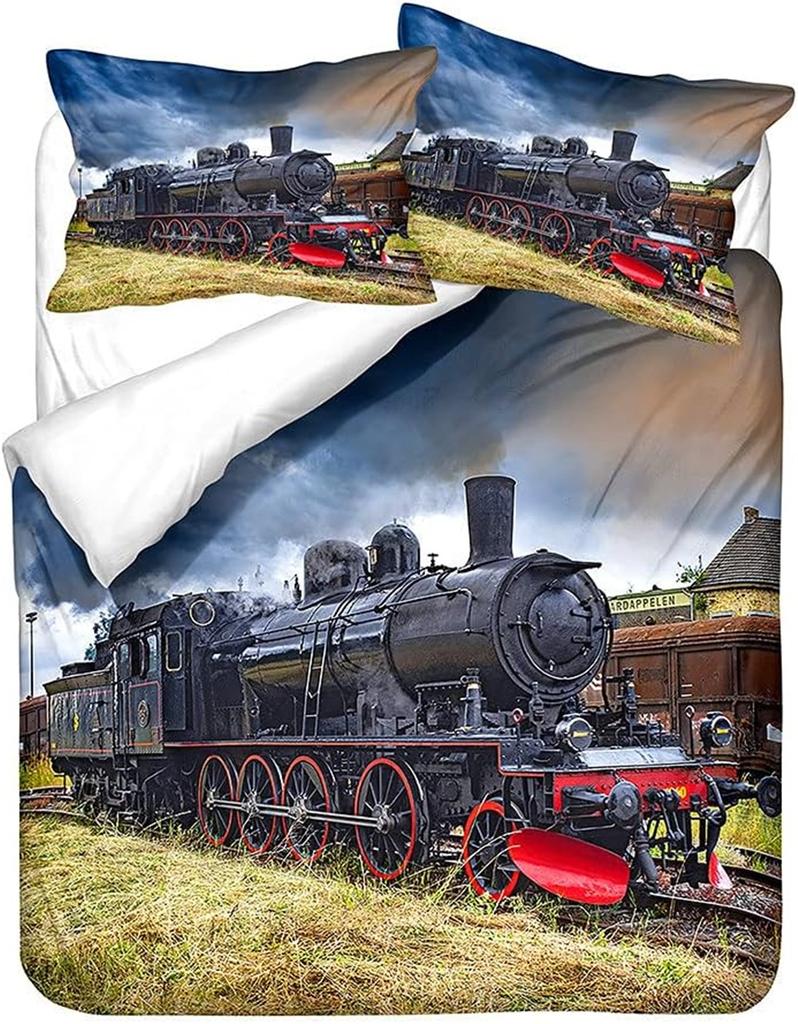 3D Train Digital Printing Duvet Cover Set, Retro Steam Train Theme Bedding Set Microfiber Duvet Set Train Track Pillowcases