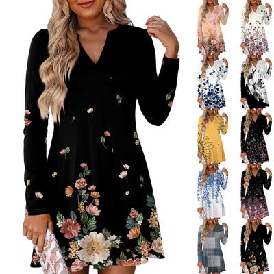 Women's Fashion Floral Print V-Neck Long Sleeve  Dress