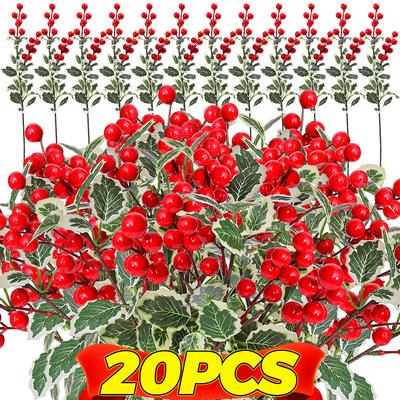 20 Stück Weihnachten Rote Beere Künstliche Blume Stechpalmenblätter Zweig Weihnachtsbaumdeko Geschenkverpackung Zuhause DIY Kranzschmuck
