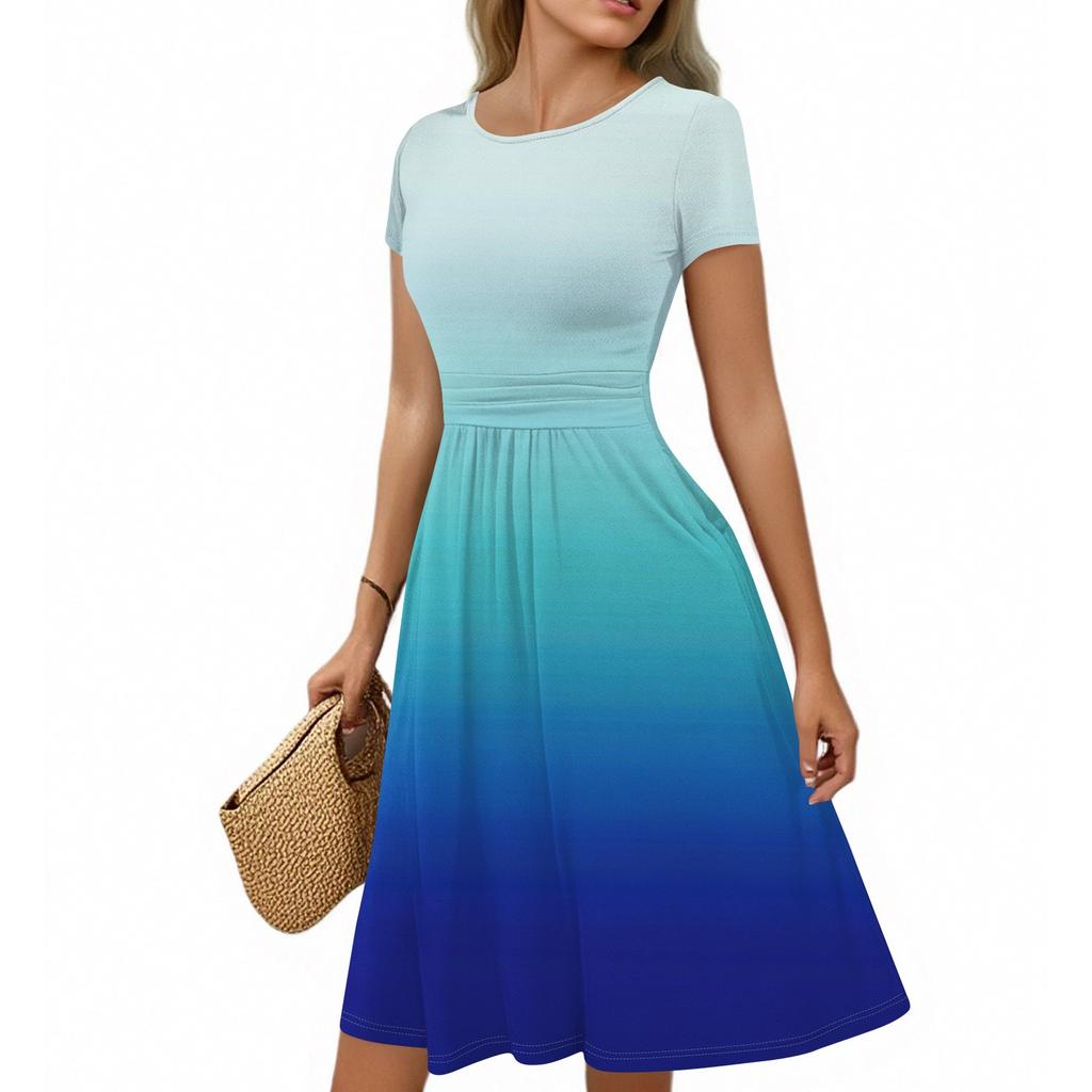 Damska codzienna moda okrągły dekolt plisowany krótki rękaw gradientowa spódnica A-line sukienka midi