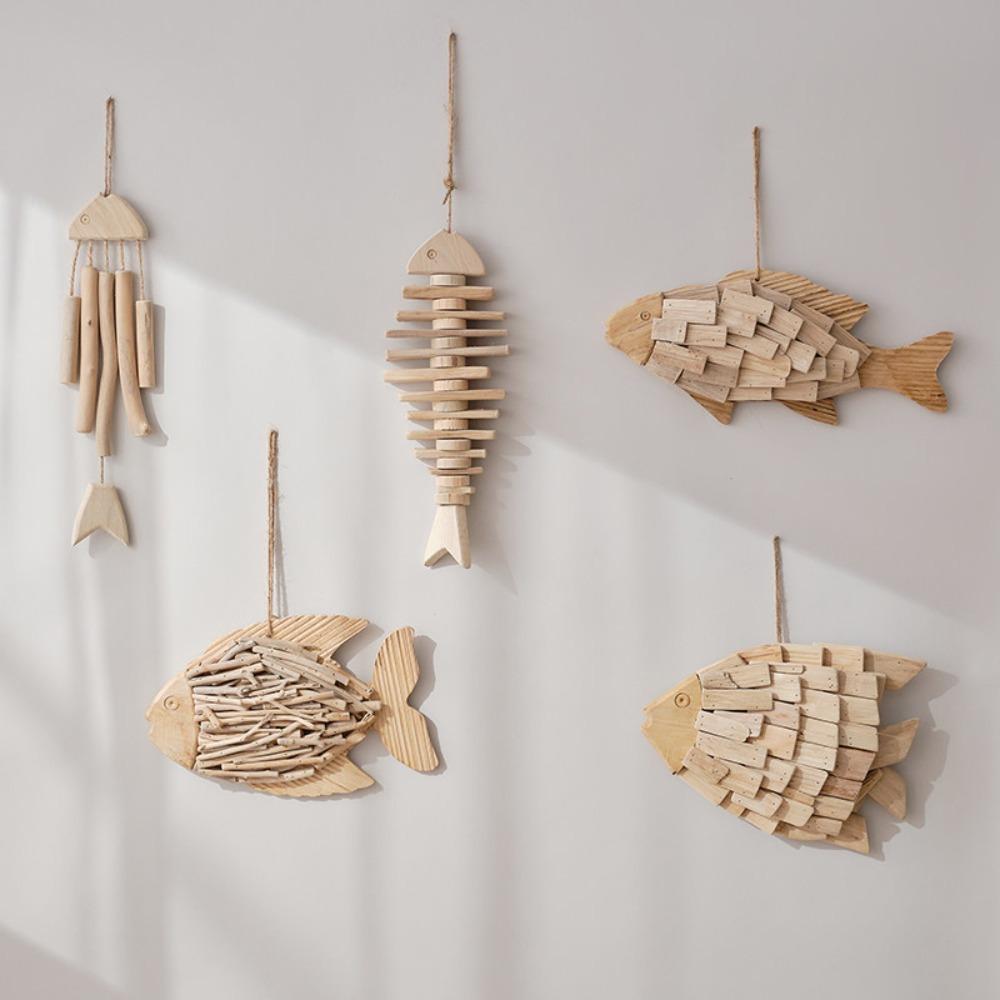 Mediterranean Style Wooden Fish Skewers Fishbone Pendants Creative Fishing Net Ornaments Home Wall Decorations Wall Decorations