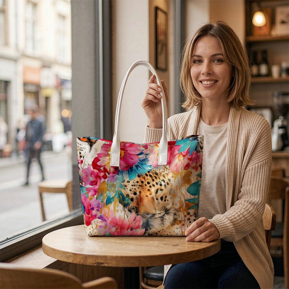 Watercolor Leopard Floral Fashion Women Casual Large Capacity Tote Bag Daily Use Shoulder Handbag
