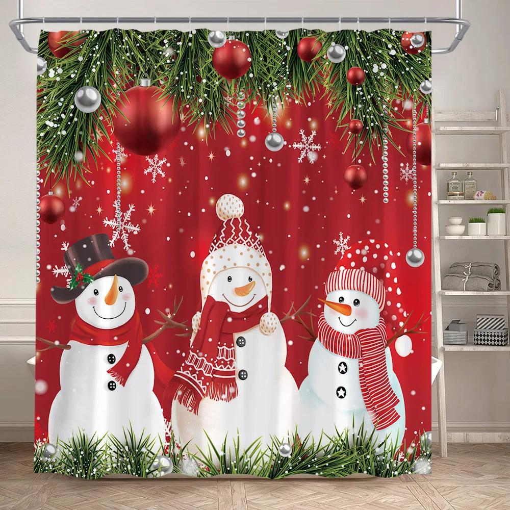 Funny Snowman Shower Curtain Set Xmas Ball Silver Pine Branches Gift Christmas Home Bathroom Decor Rug Bath Mat Toilet Lid Cover