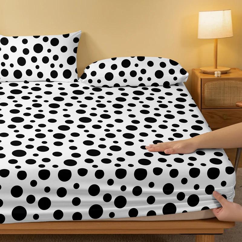 Piece 1 Of White Background Black Round Pattern Matte Bedsheet, Bedroom Printed Bedspread, Bedding Excluding Pillowcases