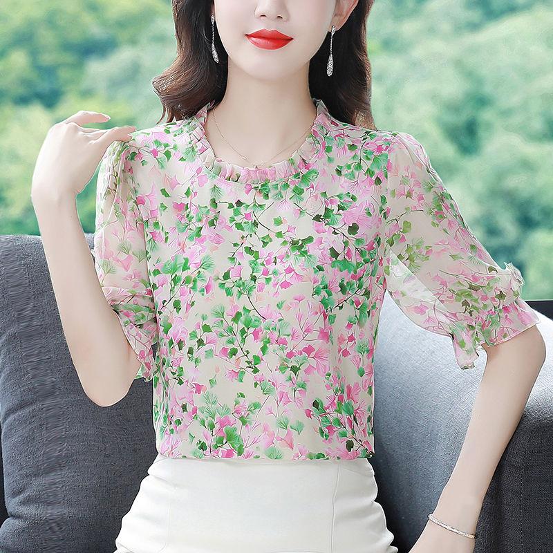 New Fashionable and Age-reducing Temperament Floral Chiffon Women's Short-sleeved Top