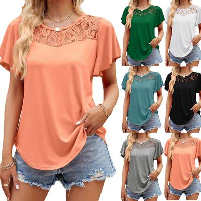 Fashion Women Summer Solid Color T-Shirts Lace Decor O-Neck Short Sleeve Loose Lotus Leaf Sleeve Pullovers Top
