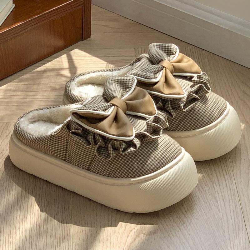 Retro Grid Bow Cotton Slippers Autumn and Winter Home Cute Less Heart Indoor Winter Warm Cotton Mop