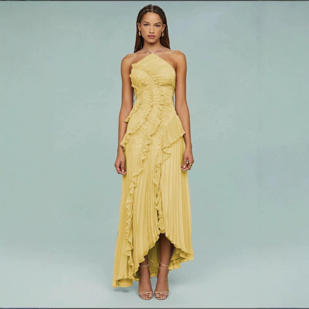 Women's Halter Sleeveless Midi Dress Slim High Waist Elegant Ruffle Chiffon Maxi Dress Solid Pleated Irregular Hem Party Long Dress