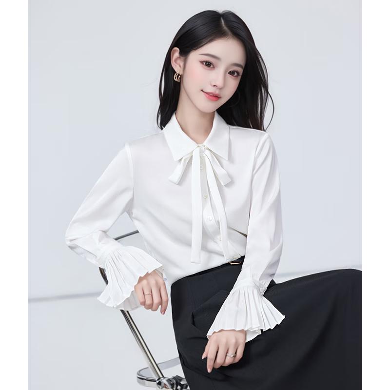 Troloman French Pleated Sleeve White Long Sleeve Shirt S