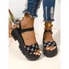 Women's Platform Sandals with Block Heel and Waterproof Platform Sandals with Fashion Pattern One-line Buckle