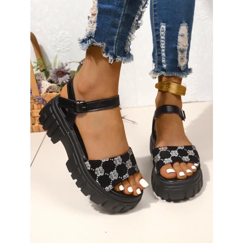 Women's Platform Sandals with Block Heel and Waterproof Platform Sandals with Fashion Pattern One-line Buckle