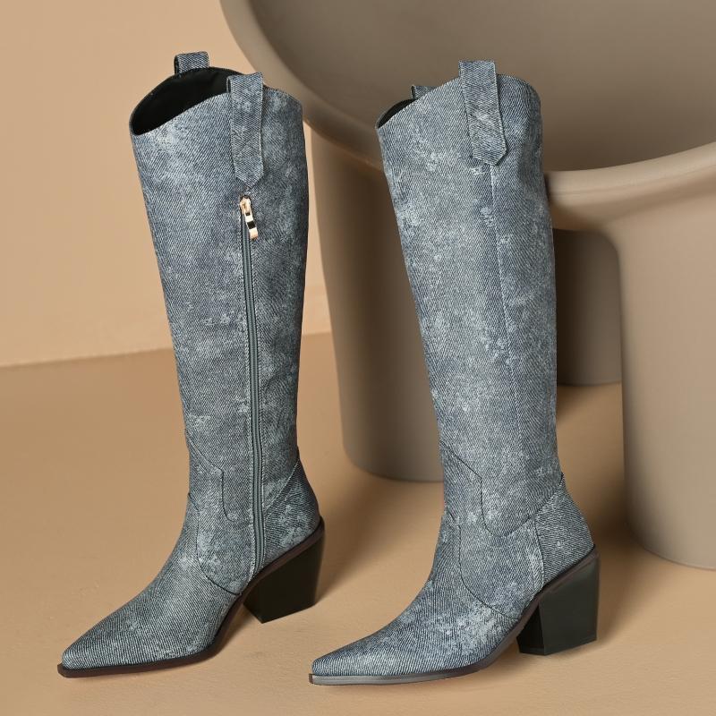 Western Women's Knee High Boots Genuine Leather Silver Cowboy Boot Pointed Wedges Heel Party Winter Shoes Ladies Big Size Brand