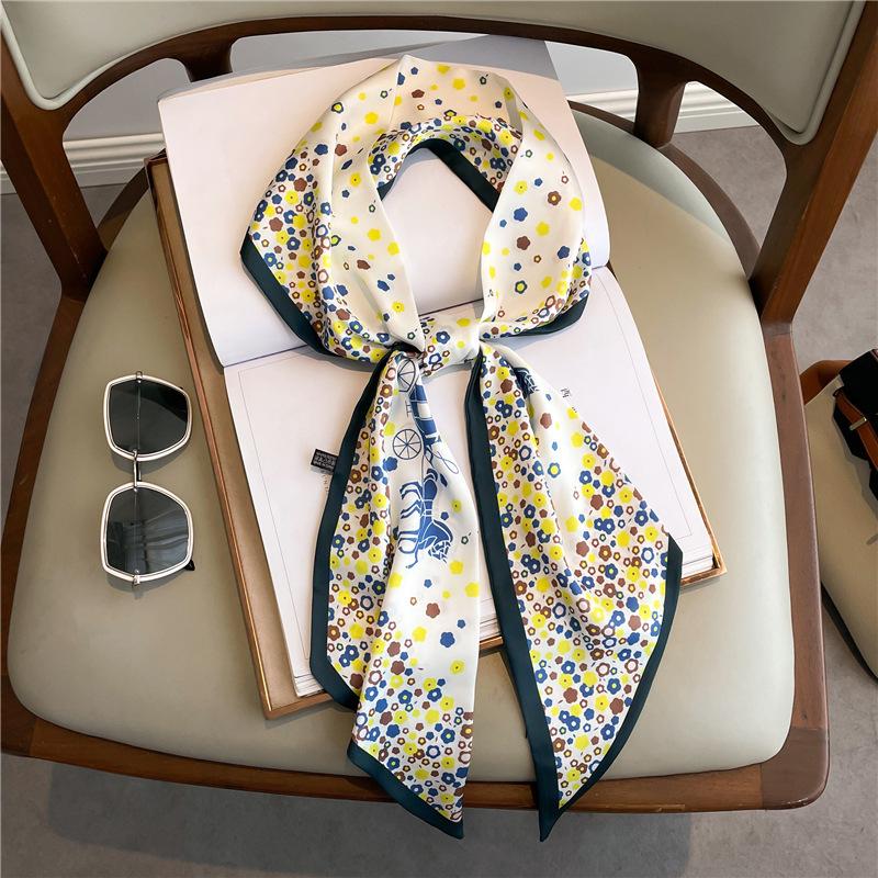 Long small silk scarf women's spring, autumn and summer black neck protection scarf with shirt streamer ribbon belt thin scarf