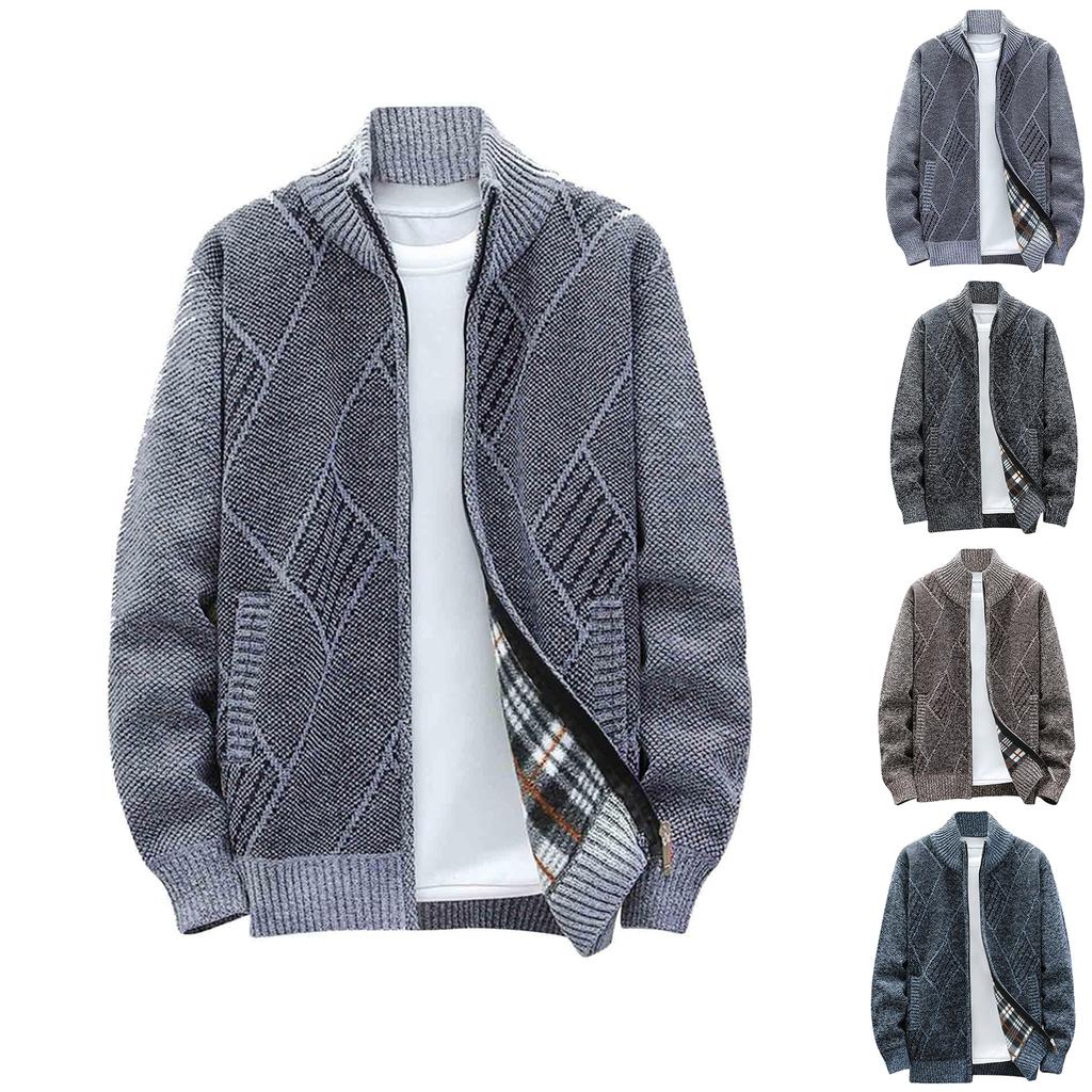 Men's Cardigan Sweaters Knitted Full Zip Collared Regular Fit Jacket Casual Color Block Baggy Winter Warm Coat