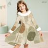 Girls Faux Fur Collar Long Sleeve Printed A Line Flared Dress With Bow