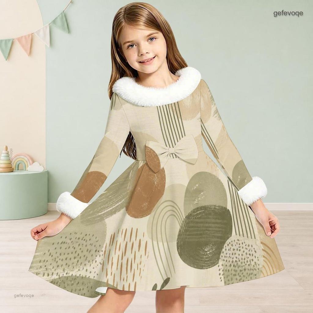 Girls Faux Fur Collar Long Sleeve Printed A Line Flared Dress With Bow