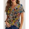 Womens V-Neck Loose Fit Short Sleeve T-Shirt With Floral Print Casual Top