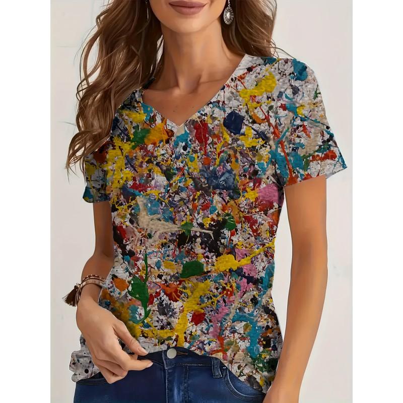 Womens V-Neck Loose Fit Short Sleeve T-Shirt With Floral Print Casual Top