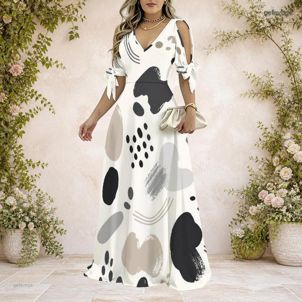 Women Plus Size V Neck Cold Shoulder Tie Short Sleeve Abstract Printed A Line Long Maxi Dress