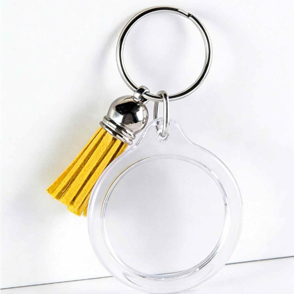 Lot de 50 Porte-clés Cadre Photo Acrylique avec Pompons Fermeture par Pression Insertion Photo Transparent Vide Porte-clés Rond 50 Pièces