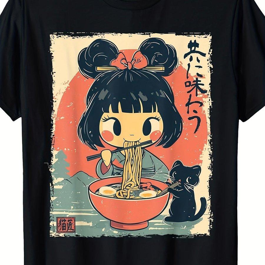 Adorable Kawaii Japanese Girl and Cat Enjoying Ramen on An Anime-Themed T-Shirt. Unisex Design for Both Men and Women, Perfect F