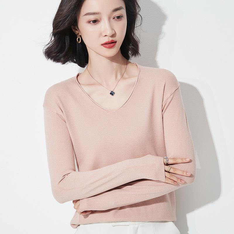 Autumn/Winter Women's Wool Sweater: Round & V-Neck, Rolled Edge, Long Sleeve, Thin Knit Top