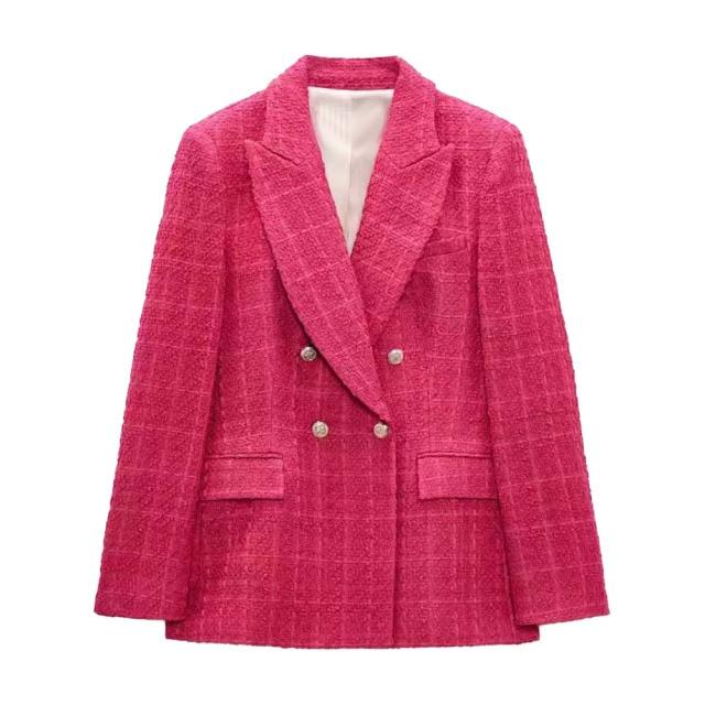 Women Jacket Autumn Fashion Double Breasted Tweed Check Blazer Coat Vintage Long Sleeve Pockets Female Outerwear