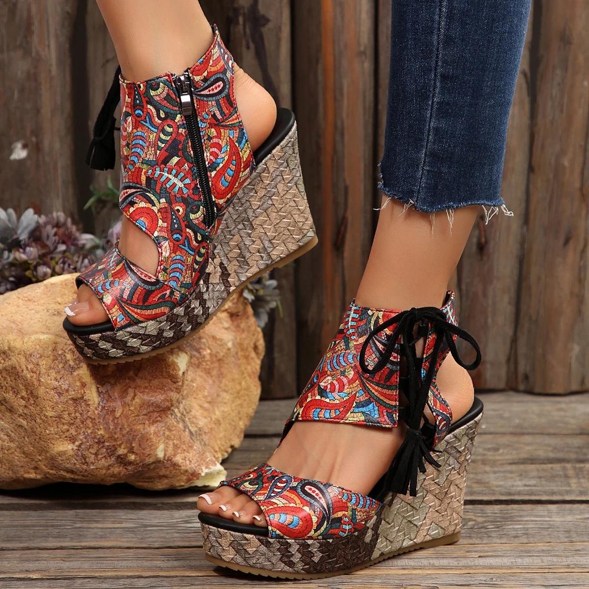 

Fashion Women Wedge Leisure Roman Weaving Waterproof Platform Sandals Women Sandals Fringe High Heels Shoes Women Sandalias De Mujer 43 красный