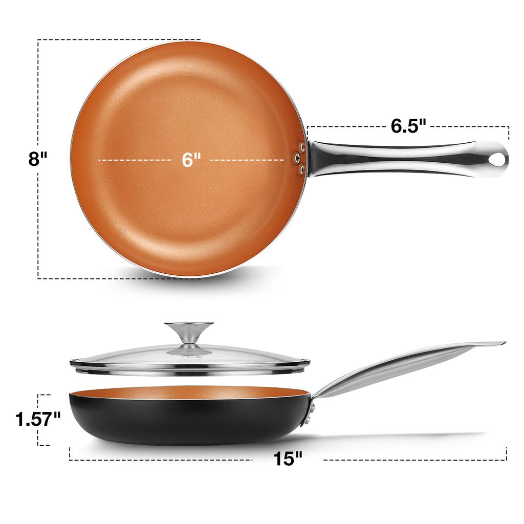KOCH SYSTEME CS 8inch Copper Nonstick Frying Pan with Lid Resistant Ceramic Coating Skillet Chef Pan Induction Compatible