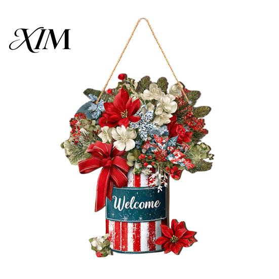 Farmhouse Style Festive Door Sign Christmas Welcome for Front Door, Rustic Wooden Hanging Ornament, Festival Theme Wall Decoration Decor with Lanyard
