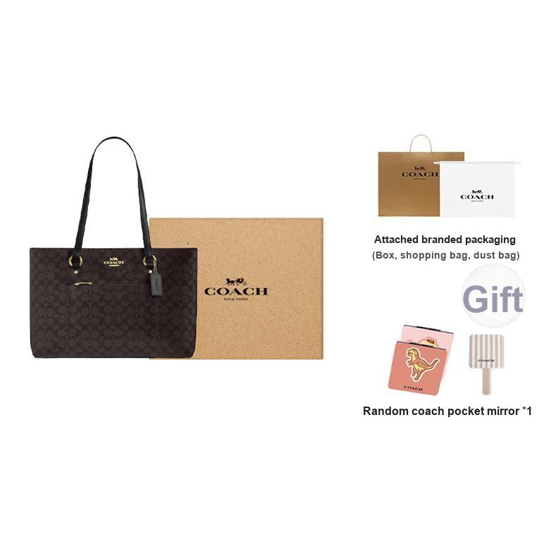 Coach Station 35 Brand Print Coated Canvas And Leather Shoulder Bag Large Women Shoulder Bag Gold Walnut CCD69-IMXAQ