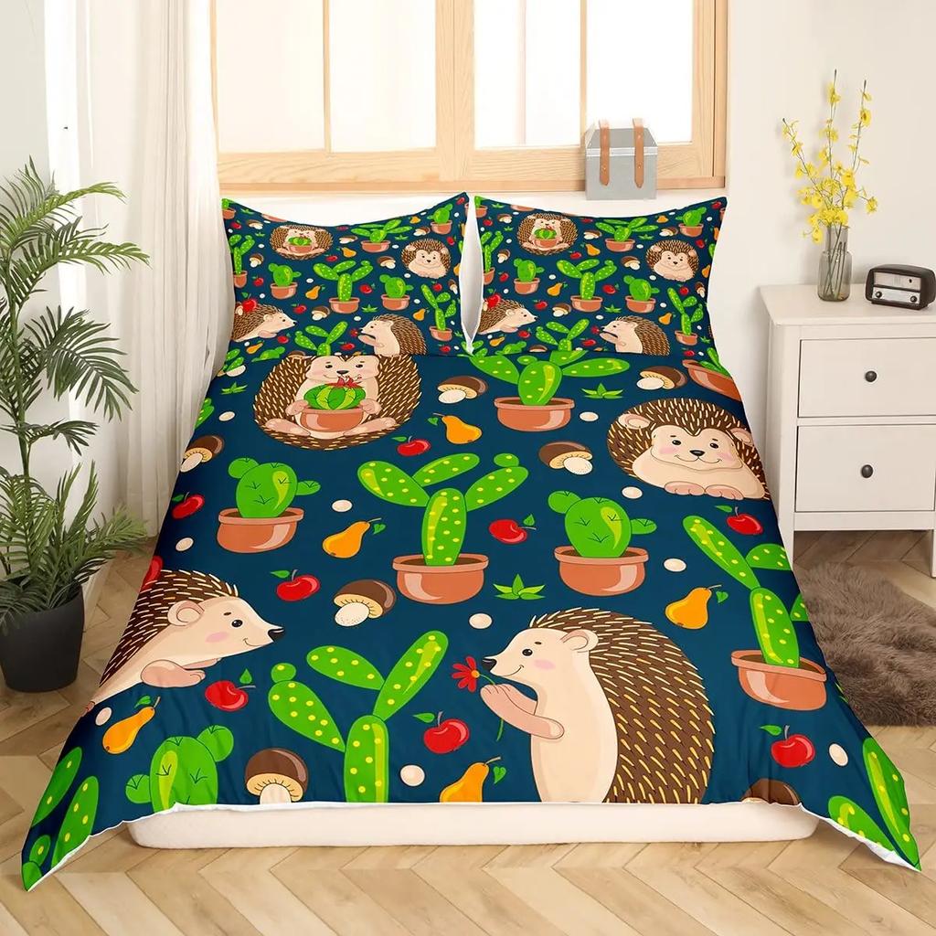 Hedgehog Duvet Cover Set 3D Cartoon Hedgehog Flower 2/3Pcs Bedding Set Kids Boys Girls Animal Queen Size Polyester Quilt Cover