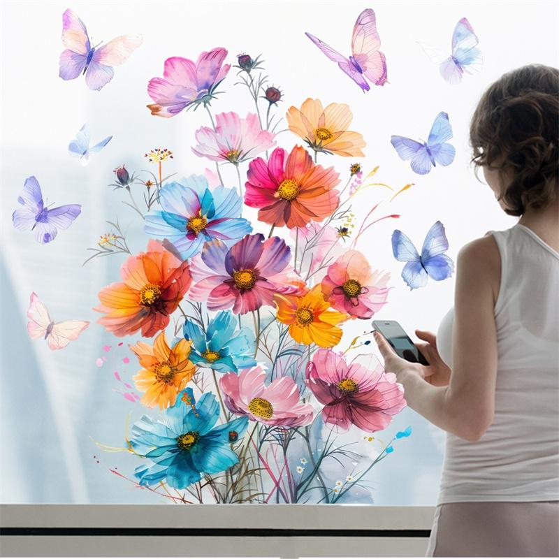 Blomster Sommerfugl Vindusklistremerke Dobbeltsidig Trykt Elektrostatisk Vakkert Våren Kommer Stil Soverom Glassdekorasjon Hjemmedekor