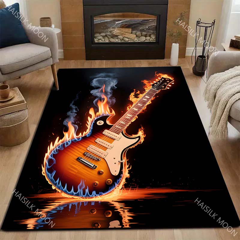 Flaming Electric Guitar Smoke Reflection Print Carpet for Living Room Bedroom Sofa Home Decor Rus Non-slip Floor Mat Luxury Gift