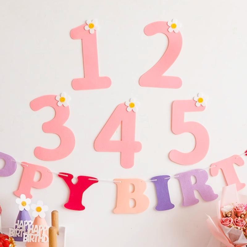 Mori Simple Felt Happy Birthday Party Digital Wall Sticker Baby First Year Party Decoration Photo Props