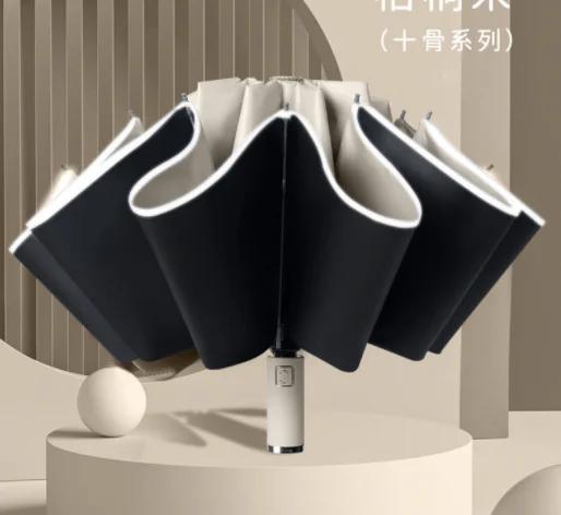 

Ветрозащитный обратный автоматический зонт от дождя для женщин и мужчин, автомобильный большой бизнес, 3 складных зонта, 10 ребер, светоотражающая полоса, Парагвай